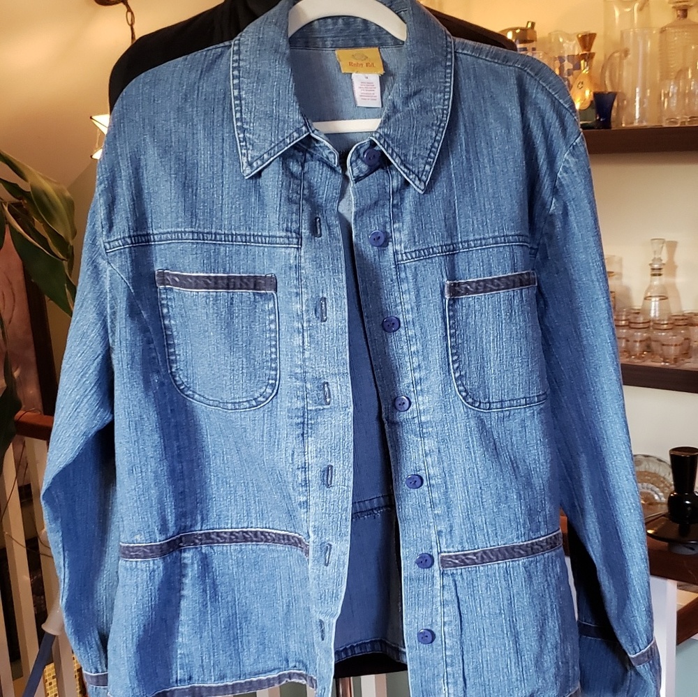 Ruby Road Denim Blue Button Front Jacket W/ Velve… - image 2